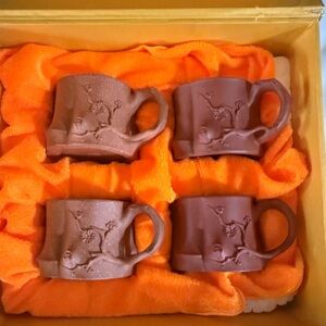Yixing Zisha Set of 4 Teacups,Tree Trunk&Plum Blossom Design,Artist Chop Mark